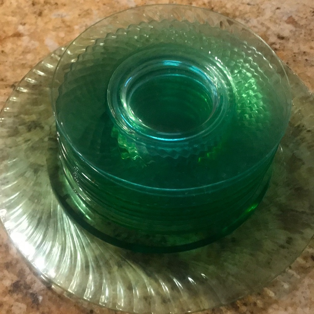 Depression glass plates and platter